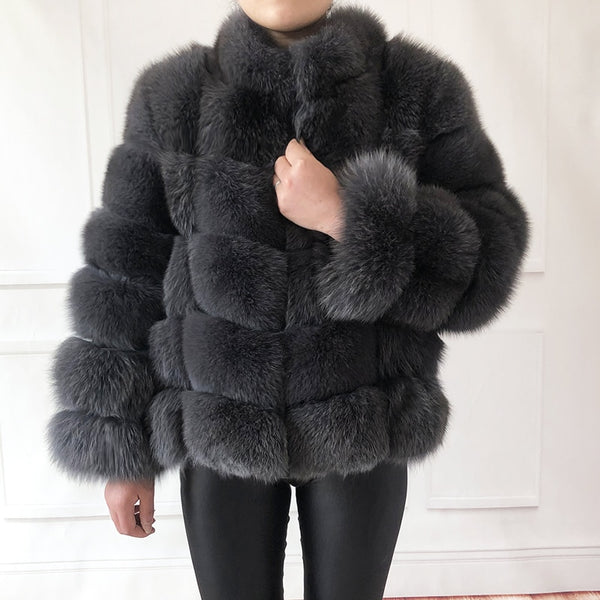 100% true fur coat Women's warm and stylish natural fox fur jacket vest Stand collar long sleeve leather coat Natural fur coats