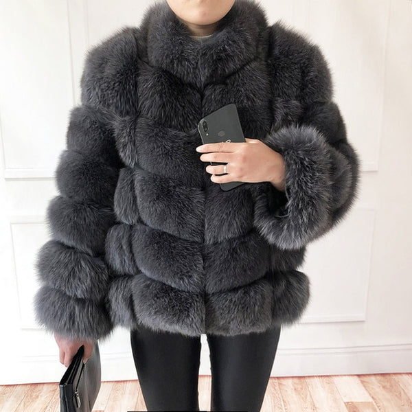 100% true fur coat Women's warm and stylish natural fox fur jacket vest Stand collar long sleeve leather coat Natural fur coats