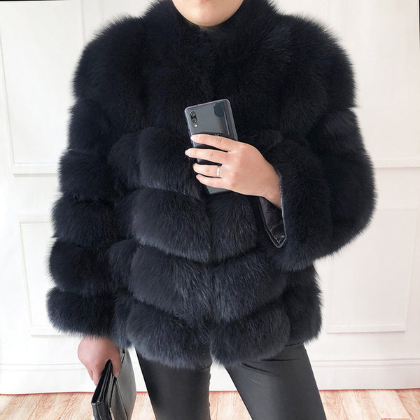 100% true fur coat Women's warm and stylish natural fox fur jacket vest Stand collar long sleeve leather coat Natural fur coats