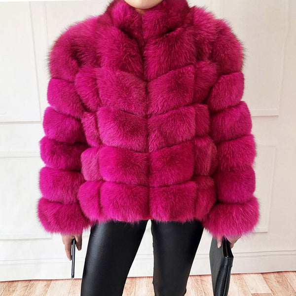 100% true fur coat Women's warm and stylish natural fox fur jacket vest Stand collar long sleeve leather coat Natural fur coats