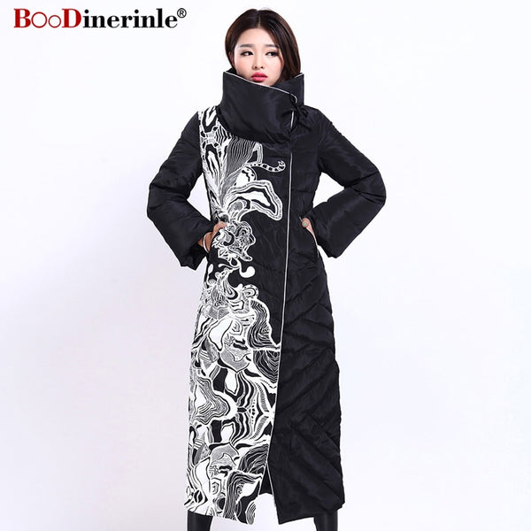 Winter Jacket Women X-Long Print Slim Thick White Duck Down Coat Elegant Fashion Female Warm Overcoat BOoDinerinle YR159