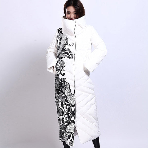 Winter Jacket Women X-Long Print Slim Thick White Duck Down Coat Elegant Fashion Female Warm Overcoat BOoDinerinle YR159