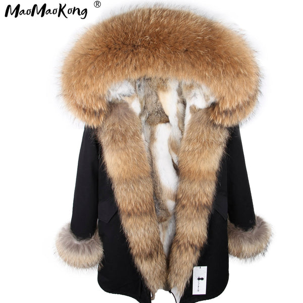 Fashion women's rabbit fur lining hooded long  coat parkas outwear army green Large raccoon fur collar winter jacket DHL
