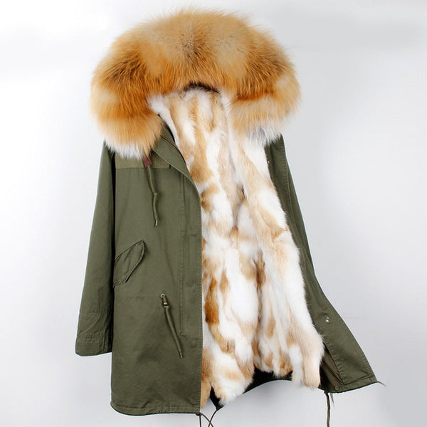 Fashion women's rabbit fur lining hooded long  coat parkas outwear army green Large raccoon fur collar winter jacket DHL