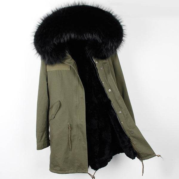 Fashion women's rabbit fur lining hooded long  coat parkas outwear army green Large raccoon fur collar winter jacket DHL