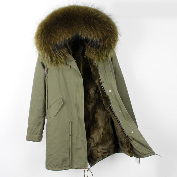 Fashion women's rabbit fur lining hooded long  coat parkas outwear army green Large raccoon fur collar winter jacket DHL