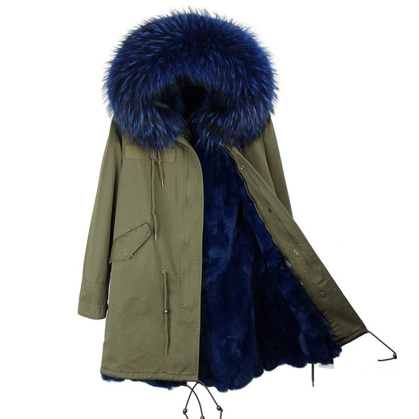 Fashion women's rabbit fur lining hooded long  coat parkas outwear army green Large raccoon fur collar winter jacket DHL