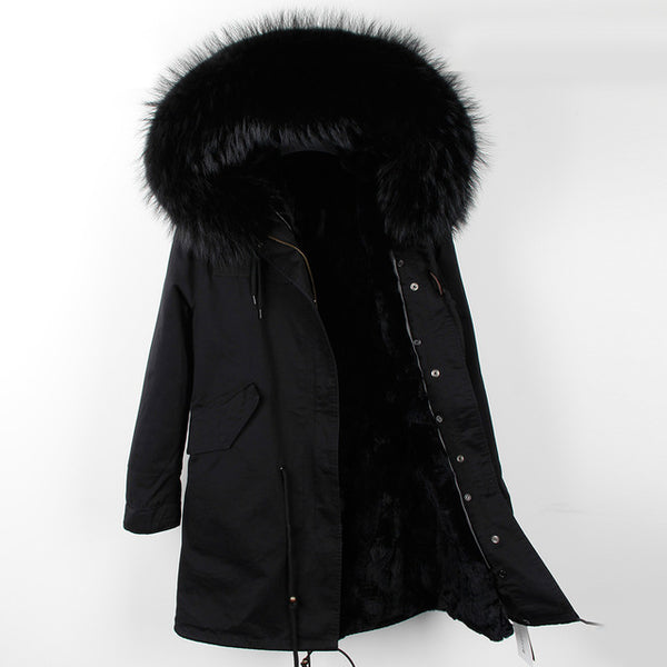 Fashion women's rabbit fur lining hooded long  coat parkas outwear army green Large raccoon fur collar winter jacket DHL