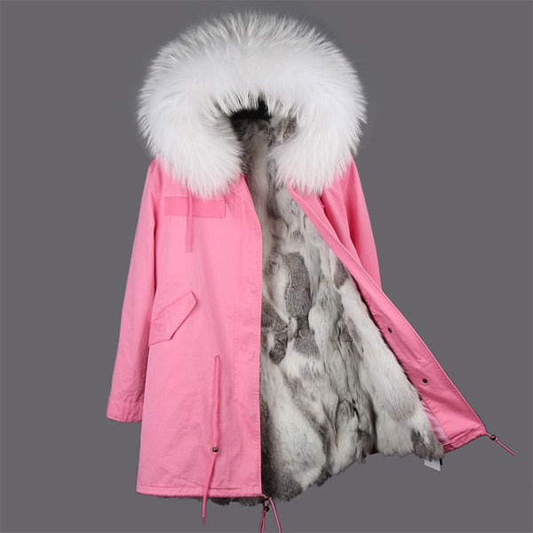 Fashion women's rabbit fur lining hooded long  coat parkas outwear army green Large raccoon fur collar winter jacket DHL