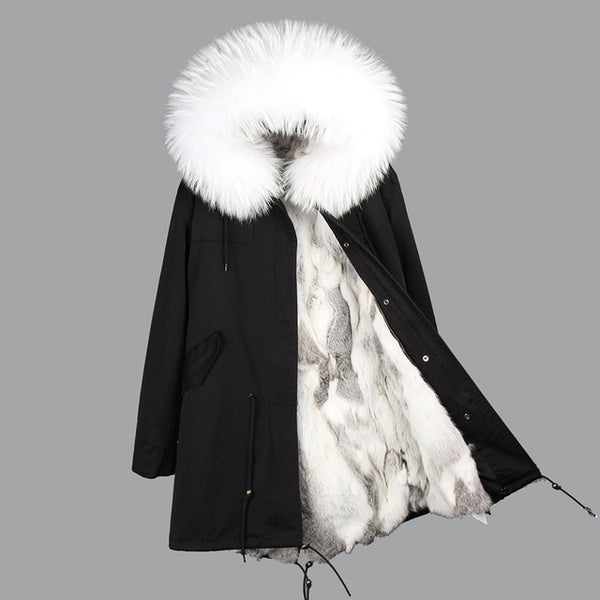 Fashion women's rabbit fur lining hooded long  coat parkas outwear army green Large raccoon fur collar winter jacket DHL