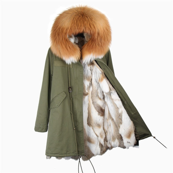 Fashion women's rabbit fur lining hooded long  coat parkas outwear army green Large raccoon fur collar winter jacket DHL