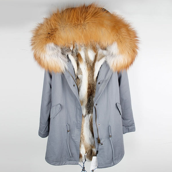 Fashion women's rabbit fur lining hooded long  coat parkas outwear army green Large raccoon fur collar winter jacket DHL