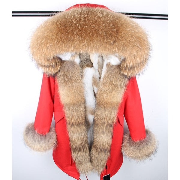 Fashion women's rabbit fur lining hooded long  coat parkas outwear army green Large raccoon fur collar winter jacket DHL