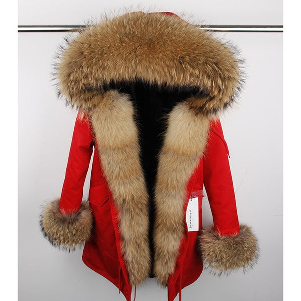 Fashion women's rabbit fur lining hooded long  coat parkas outwear army green Large raccoon fur collar winter jacket DHL