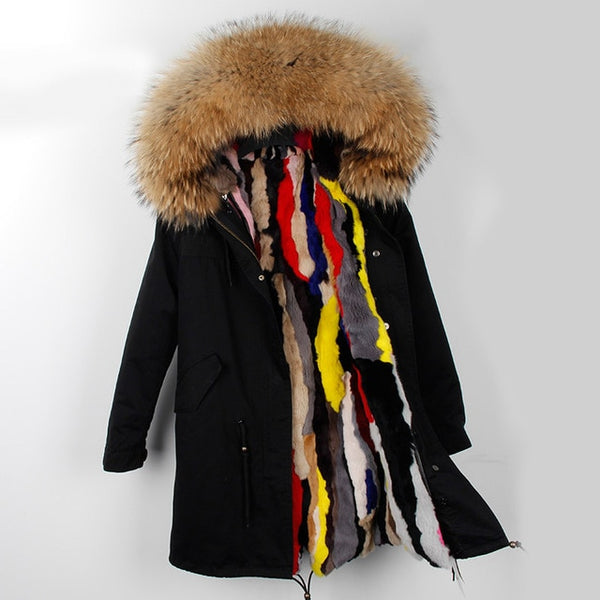 Fashion women's rabbit fur lining hooded long  coat parkas outwear army green Large raccoon fur collar winter jacket DHL