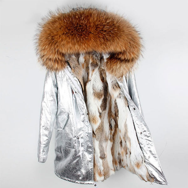 Fashion women's rabbit fur lining hooded long  coat parkas outwear army green Large raccoon fur collar winter jacket DHL