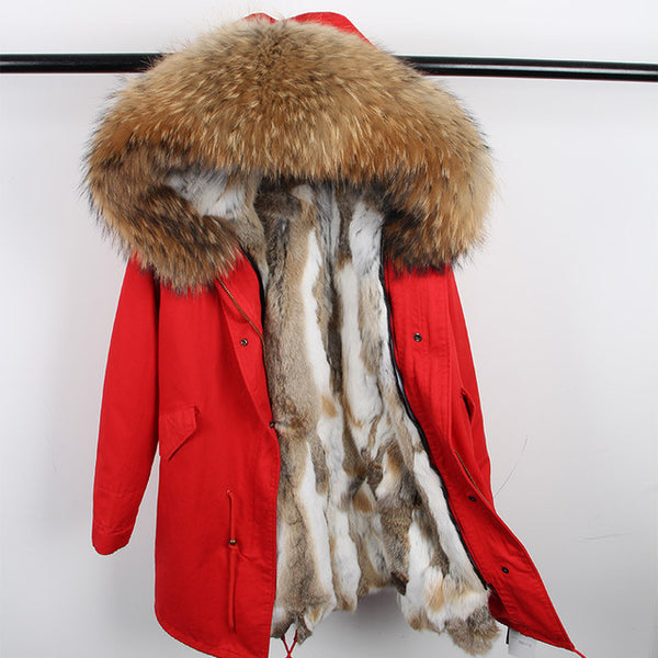 Fashion women's rabbit fur lining hooded long  coat parkas outwear army green Large raccoon fur collar winter jacket DHL