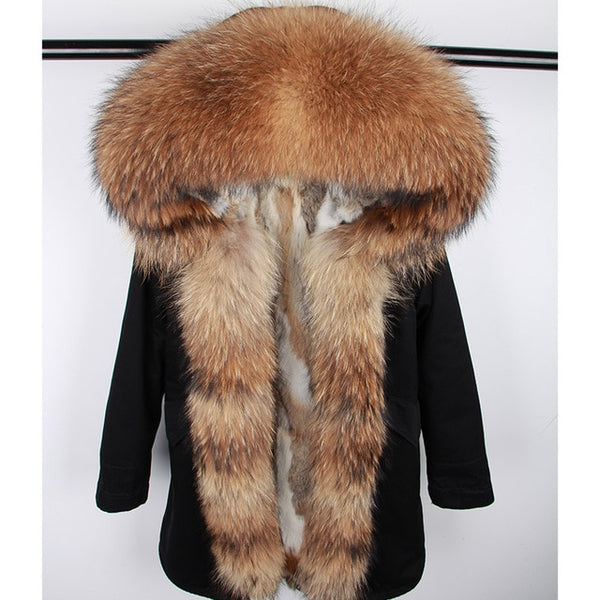 Fashion women's rabbit fur lining hooded long  coat parkas outwear army green Large raccoon fur collar winter jacket DHL