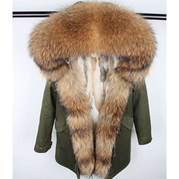Fashion women's rabbit fur lining hooded long  coat parkas outwear army green Large raccoon fur collar winter jacket DHL