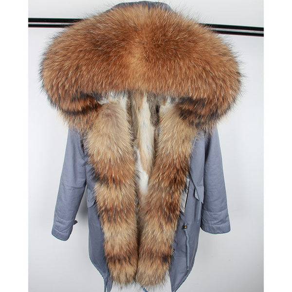 Fashion women's rabbit fur lining hooded long  coat parkas outwear army green Large raccoon fur collar winter jacket DHL