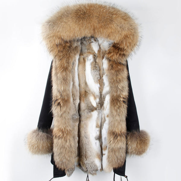 Fashion women's rabbit fur lining hooded long  coat parkas outwear army green Large raccoon fur collar winter jacket DHL