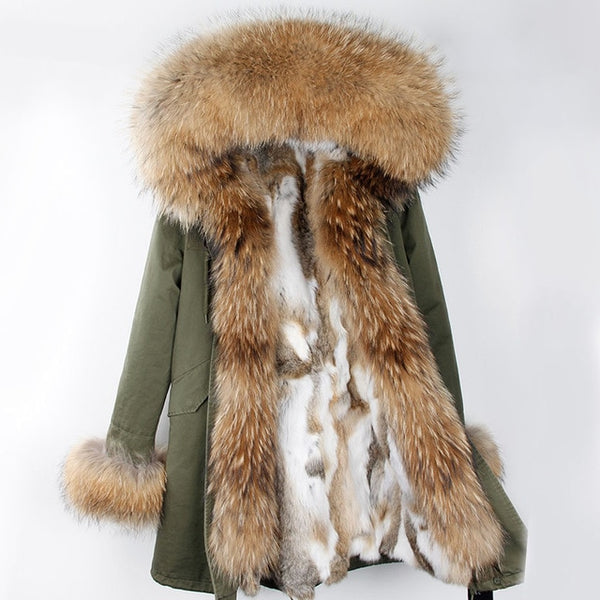 Fashion women's rabbit fur lining hooded long  coat parkas outwear army green Large raccoon fur collar winter jacket DHL