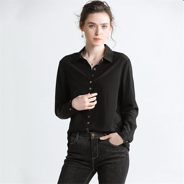 Hodisytian 2019 Women Blouse Shirts Natural Silk Elegant Turn-down Neck Slim Fit Female Tops Blouse Long Sleeve Outfit Femme