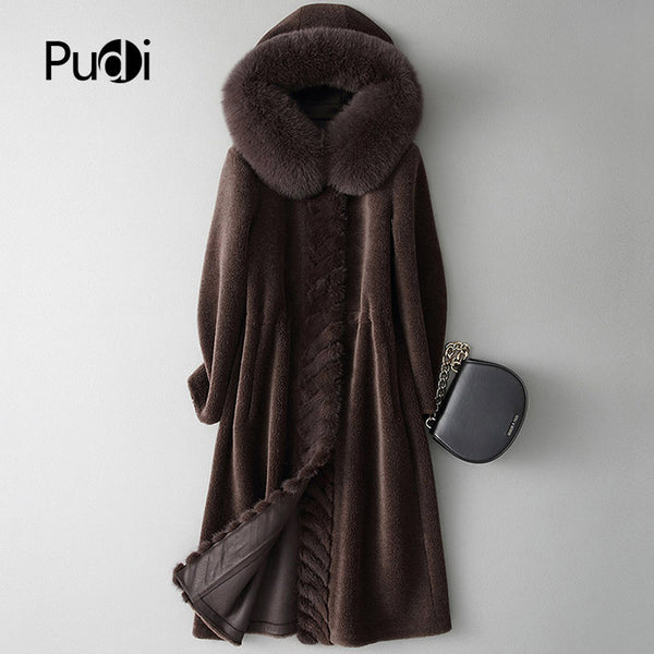 PUDI A18179 women's winter  real wool fur fox collar warm jacket coat lady Long coat jacket overcoat
