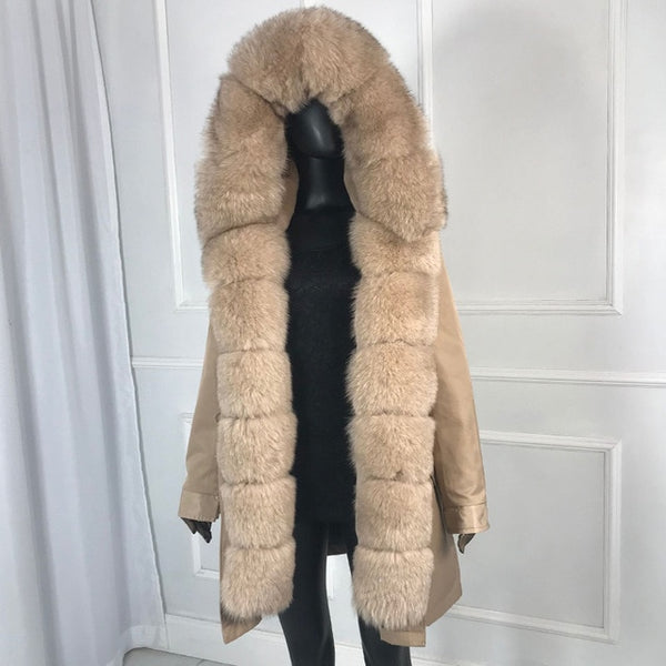 girl parka real fur parka with fox fur big large fox fur collar liner rabbit fur Detachable natural fur coat Female Fox Parkas