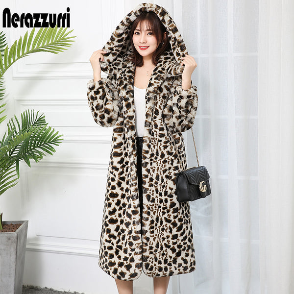 Nerazzurri High quality thick faux fur leopard jacket women with hood leopard print fluffy long fur coat plus size luxury coats