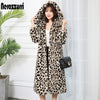 Nerazzurri High quality thick faux fur leopard jacket women with hood leopard print fluffy long fur coat plus size luxury coats