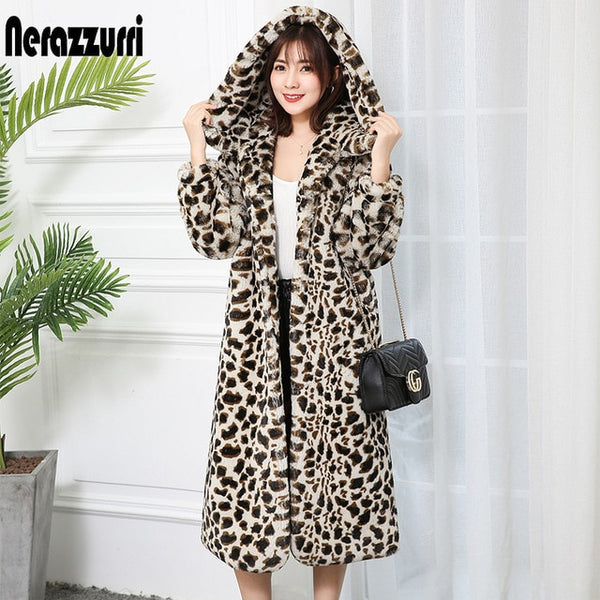 Nerazzurri High quality thick faux fur leopard jacket women with hood leopard print fluffy long fur coat plus size luxury coats