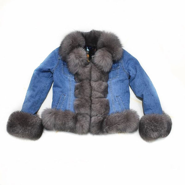 2019Women's New Natural Fox Fur Denim Jacket, Parker Clothing Rabbit Fur Lining Real Fox Fur Denim Jacket Warm Fashion Casual E