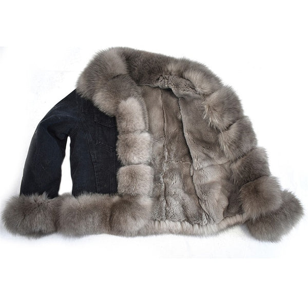 2019Women's New Natural Fox Fur Denim Jacket, Parker Clothing Rabbit Fur Lining Real Fox Fur Denim Jacket Warm Fashion Casual E