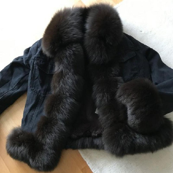2019Women's New Natural Fox Fur Denim Jacket, Parker Clothing Rabbit Fur Lining Real Fox Fur Denim Jacket Warm Fashion Casual E