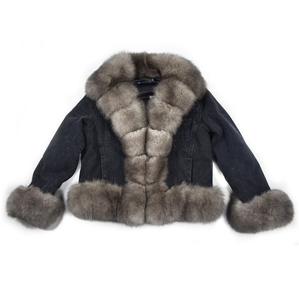 2019Women's New Natural Fox Fur Denim Jacket, Parker Clothing Rabbit Fur Lining Real Fox Fur Denim Jacket Warm Fashion Casual E