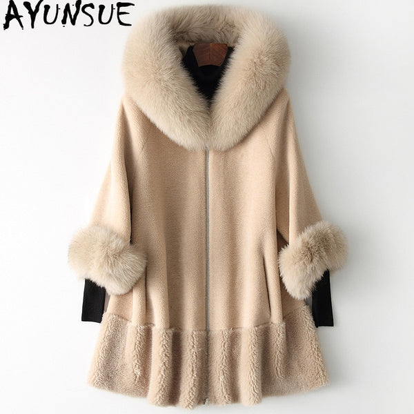 AYUNSUE 2019 Real Fur Coat Women Fox Fur Collar Long Winter Jacket Korean Clothes Wool Fur Coats and Jackets CHQ19-1901-C KJ2514