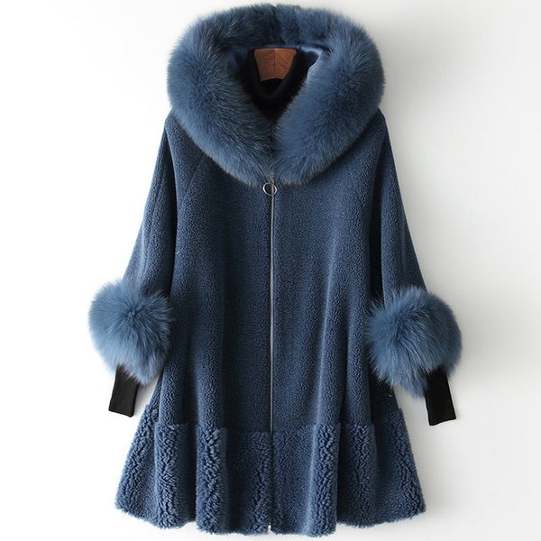 AYUNSUE 2019 Real Fur Coat Women Fox Fur Collar Long Winter Jacket Korean Clothes Wool Fur Coats and Jackets CHQ19-1901-C KJ2514