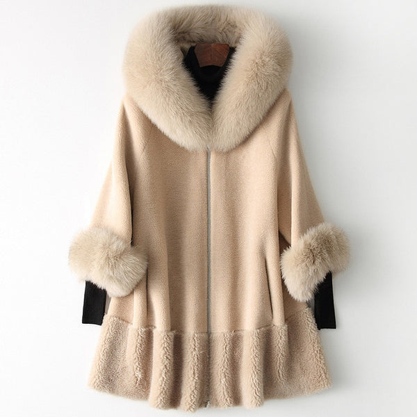 AYUNSUE 2019 Real Fur Coat Women Fox Fur Collar Long Winter Jacket Korean Clothes Wool Fur Coats and Jackets CHQ19-1901-C KJ2514