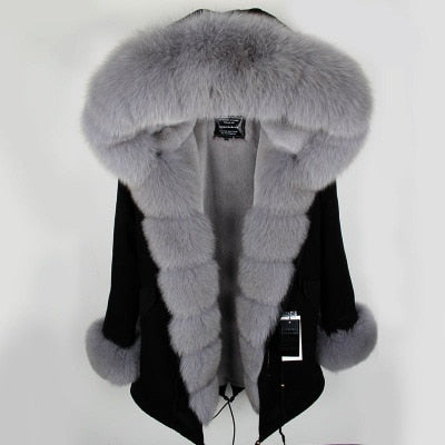 2019 natural real fox fur Jacke coat Real Fox Fur Collar Cuff Hooded Coat Short Parka Long Camouflage winter jacket