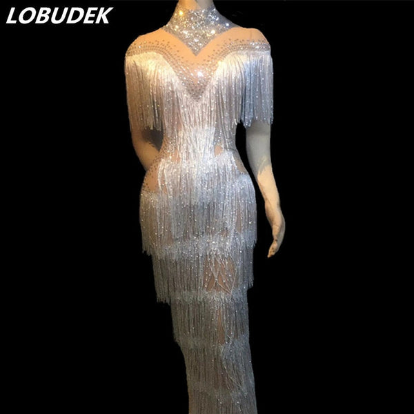 Silvery Tassels Long Dress Rhinestones Dress Women Party Catwalk Dresses Birthday Celebration Dress Singer Host Stage Costumes