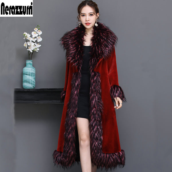 Nerazzurri Luxury runway coat women 2019 winter red furry faux fur coat women with fox fur collar plus size overcoat 5xl 6xl 7xl