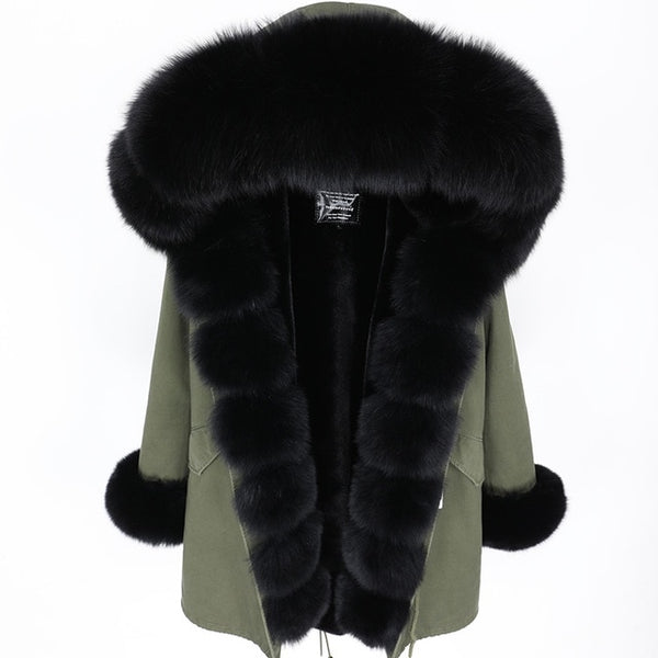MaoMaoKong natural real fox fur Jacke coat Real Fox Fur Collar Cuff Hooded Coat Short Parka Long Camouflage winter jacket