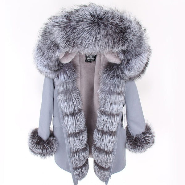 MaoMaoKong natural real fox fur Jacke coat Real Fox Fur Collar Cuff Hooded Coat Short Parka Long Camouflage winter jacket