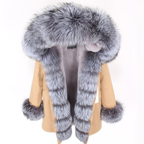 MaoMaoKong natural real fox fur Jacke coat Real Fox Fur Collar Cuff Hooded Coat Short Parka Long Camouflage winter jacket