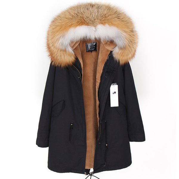 MaoMaoKong natural real fox fur Jacke coat Real Fox Fur Collar Cuff Hooded Coat Short Parka Long Camouflage winter jacket