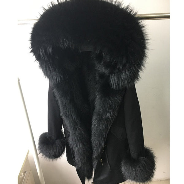 womens fox fur coat parkas winter jacket coat women parka big real fur collar kurtka damska natural fox fur liner long outerwear