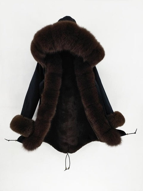 2019 natural real fox fur Jacke coat Real Fox Fur Collar Cuff Hooded Coat Short Parka Long Camouflage winter jacket