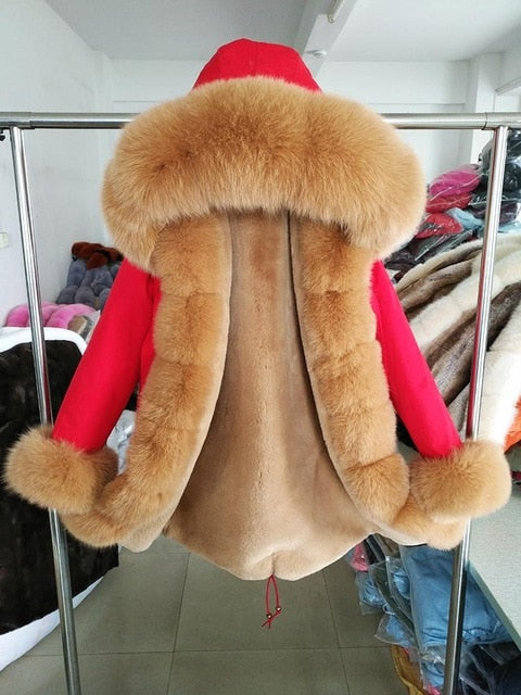 2019 natural real fox fur Jacke coat Real Fox Fur Collar Cuff Hooded Coat Short Parka Long Camouflage winter jacket