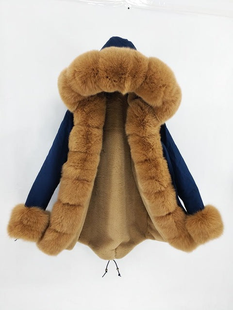 2019 natural real fox fur Jacke coat Real Fox Fur Collar Cuff Hooded Coat Short Parka Long Camouflage winter jacket
